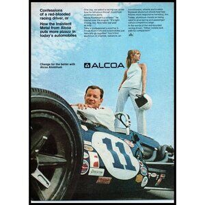 1967 ALCOA Aluminum Vintage Print Ad Indy Car Driver Blonde Model Wall Art